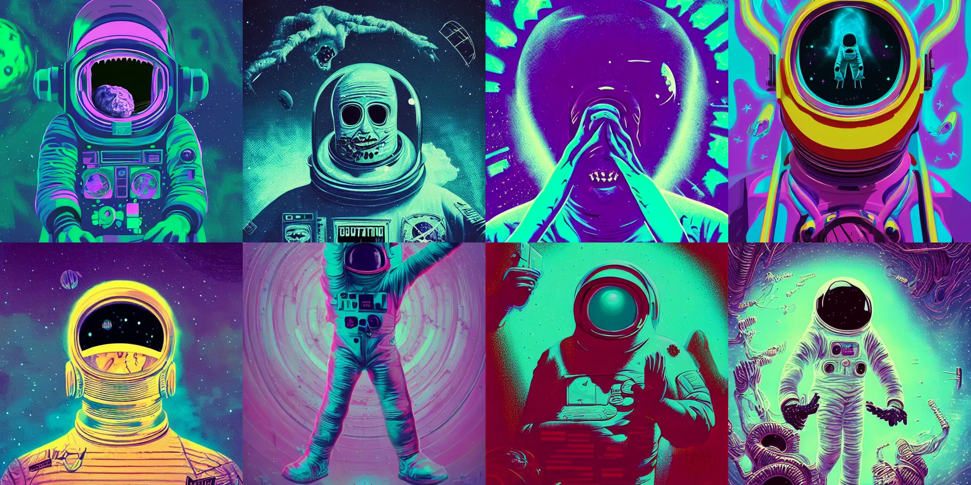 Prompt: screaming astronaut, horror poster 9 0 s, cosmic horror, abstract, ghostly, arcade, duotone, poltergeist, lets get weird, intricate, elegant, highly detailed, digital painting, artstation, smooth, sharp focus, art by beeple and mike winkelmann, ultraviolet colors,