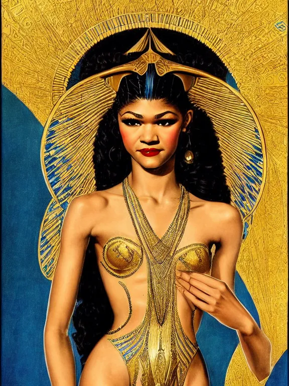Image similar to zendaya as the Egyptian goddess Venus, a beautiful art nouveau portrait by Gil elvgren, Nile river water garden , centered composition, defined features, golden ratio, gold jewelry