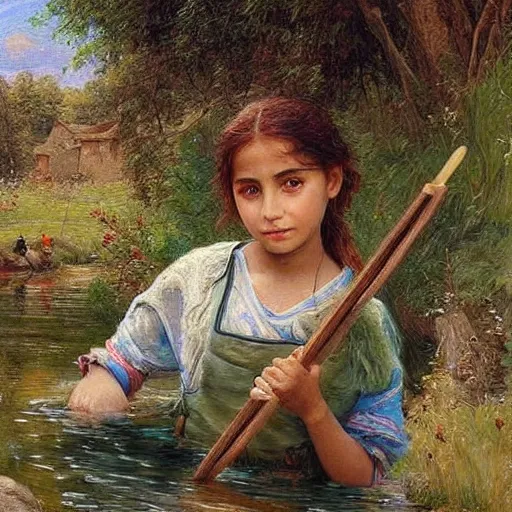 Image similar to beautiful painting by sophie anderson of a beautiful young kurdish girl painting by a river in a kurdish village, she is painting the river, award winning art, insanely detailed