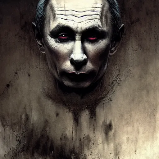 Image similar to vladimir putin clown vampire, dark fantasy, intricate, highly detailed, smooth, artstation, painted by wayne barlowe, greg rutkowski, zdislav beksinski, francis bacon, black and white picture 1 9 th century