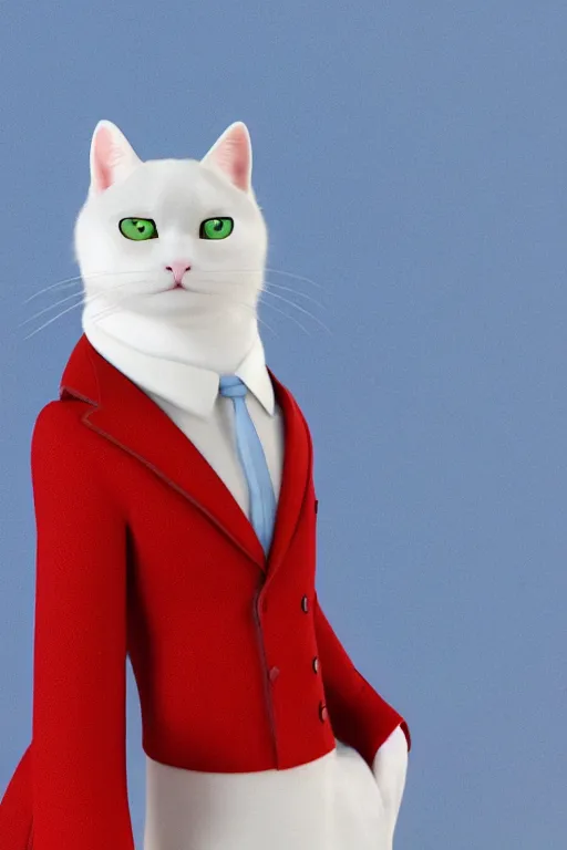 Image similar to a white cat with blue eyes wearing a red formal overcoat, hyperrealistic, concept art, octane render, unreal engine 5, realistic and defined face, profile picture, digital art, pixar and disney style, symmetrical, high quality, highly detailed, high coherence, path traced, house background, low contrast, beautiful