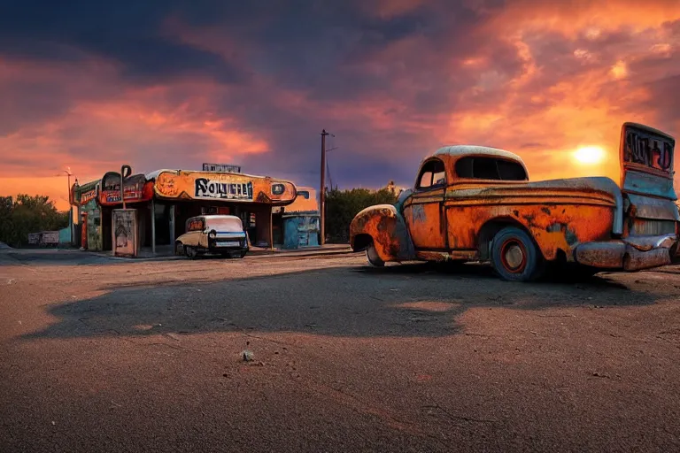 Image similar to a sunset light landscape with historical route 6 6, lots of sparkling details and sun ray ’ s, blinding backlight, smoke, volumetric lighting, colorful, octane, 3 5 mm, abandoned gas station, old rusty pickup - truck, beautiful epic colored reflections, very colorful heavenly, softlight