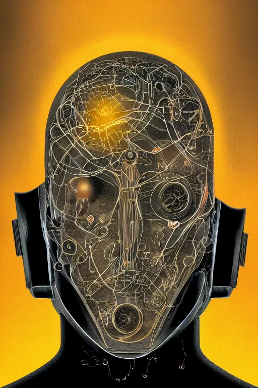 Image similar to portrait of a organic cyborg head covered in oil by pixar, centered, symmetrical, bilateral symmetry, 70s poster, polished, retro dark vintage sci-fi, 2D matte illustration