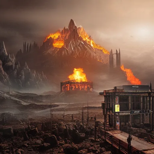 Image similar to a matte painting of a Waffle House inside of Mordor,