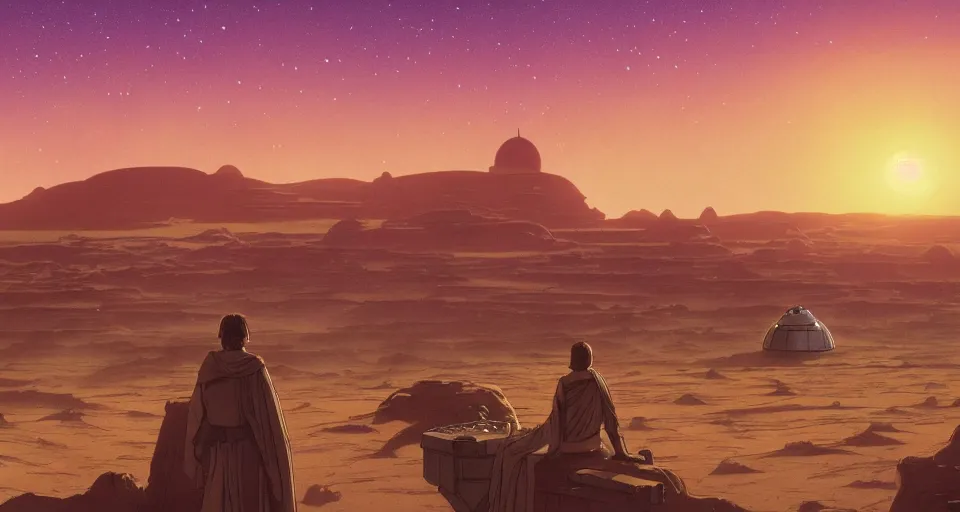 Image similar to beautiful wide shot tatooine landscape, Luke skywalker watches binary sunset from moisture farm, Star Wars a new hope 1977, studio ghibli, Miyazaki, Greg rutkowski, Alphonse mucha, Moebius , animation, golden hour, highly detailed, hdr, vivid color, 70mm