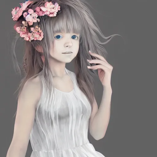 Prompt: little girl with flowers in hair wearing an white dress made of feathers, anime style, 8 k, cgi, concept art