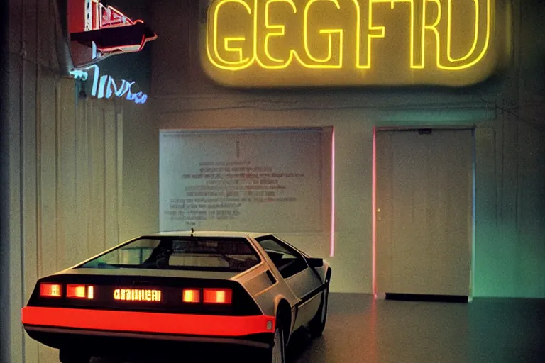 Prompt: designed by Giorgetto Giugiaro poster of a DeLorean thick neon lights, ektachrome photograph, volumetric lighting, f8 aperture, cinematic Eastman 5384 film