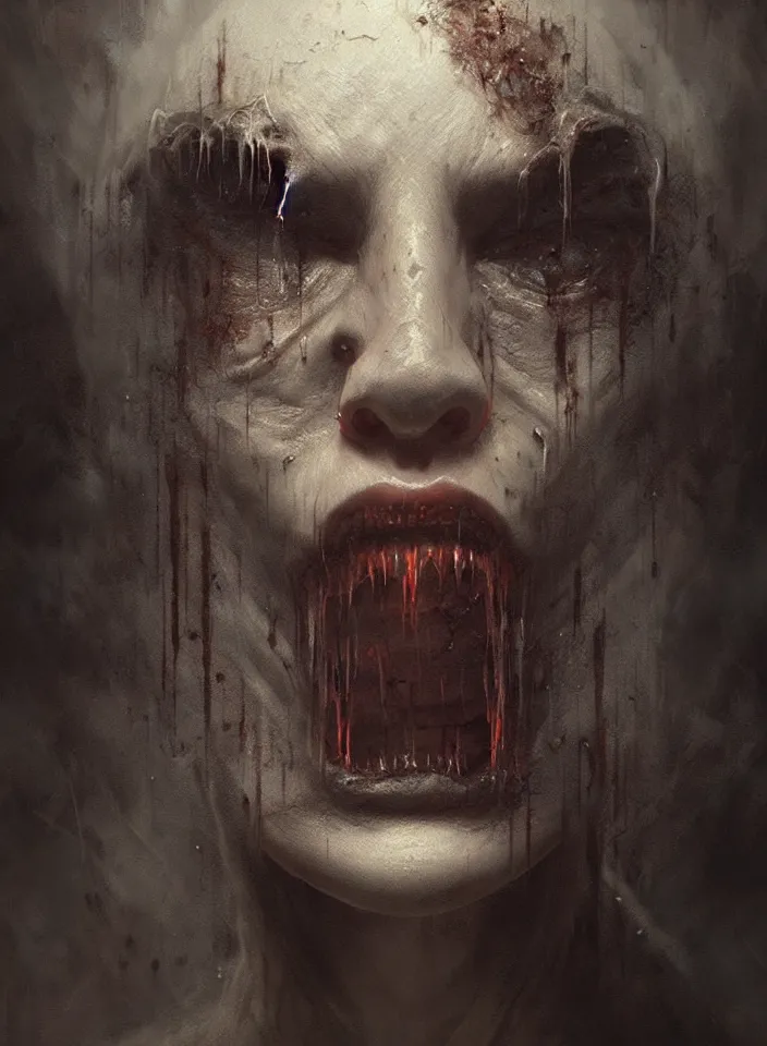 Prompt: a face portrait of a creature invoking fear, art by greg rutkowski, silent hill, horror setting, dark lighting, matte painting, trending on artstation, very detailed