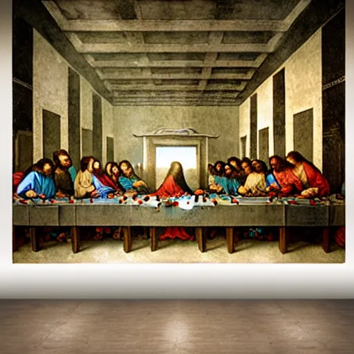 Image similar to the last supper mural painting by leonardo da vinci as an x - ray imaging photograph