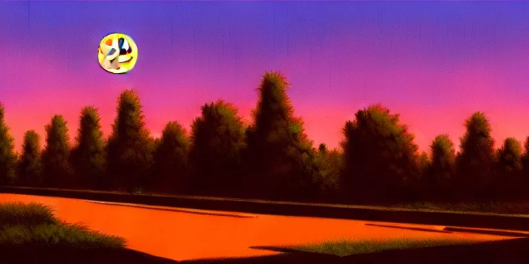 Image similar to cinematic keyframe matte painting of the trees 1 9 7 0 s vaporwave rust belt city at dusk full moon, just after the rain has cleared. by eric lafforgue, glennray tutor and edward hopper, greg rutkowski. trending on artstation.