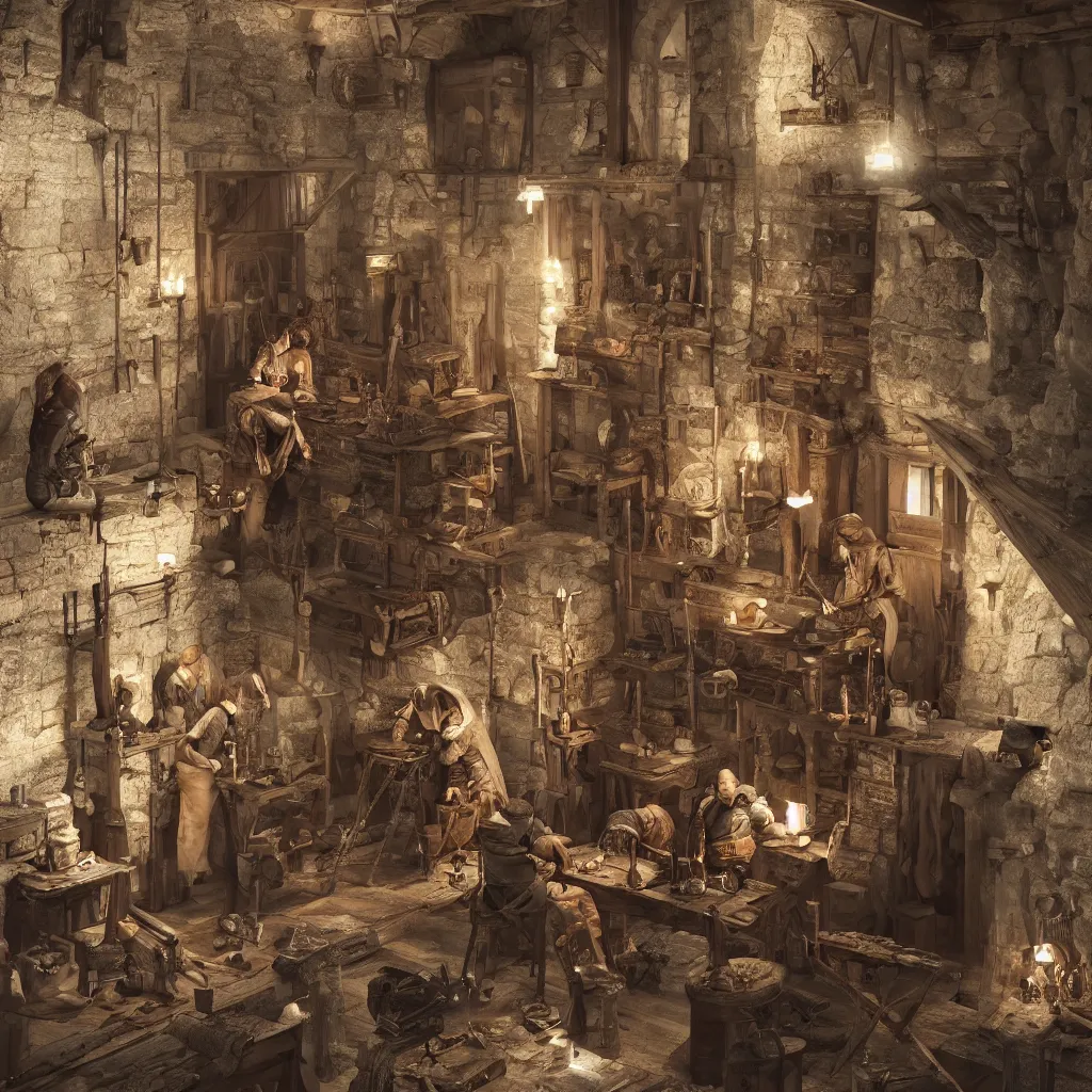 Image similar to a small group of three medieval craftsmen working inside a tiny medieval building, hypermaximalistic, high details, cinematic, 8k resolution, beautiful detailed, insanely intricate details, artstation trending, octane render, unreal engine