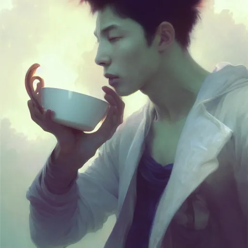 Image similar to A man drinking a cup of cosmic energy bright light, illustration by Ruan Jia and Mandy Jurgens and William-Adolphe Bouguereau, Artgerm, 4k, digital art, surreal, anime style, space dandy style, highly detailed, godsend, artstation, digital painting, concept art, smooth, sharp focus, illustration by Ruan Jia and Mandy Jurgens and William-Adolphe Bouguereau, Artgerm