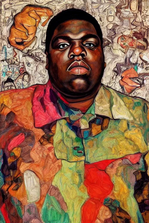 Image similar to a portrait of biggie smalls wearing boho - chic style clothes, full body!!, realistic painting in egon schiele style, masterpiece, hyperdetailed, complex, intricate, 4 k, trending on artstation