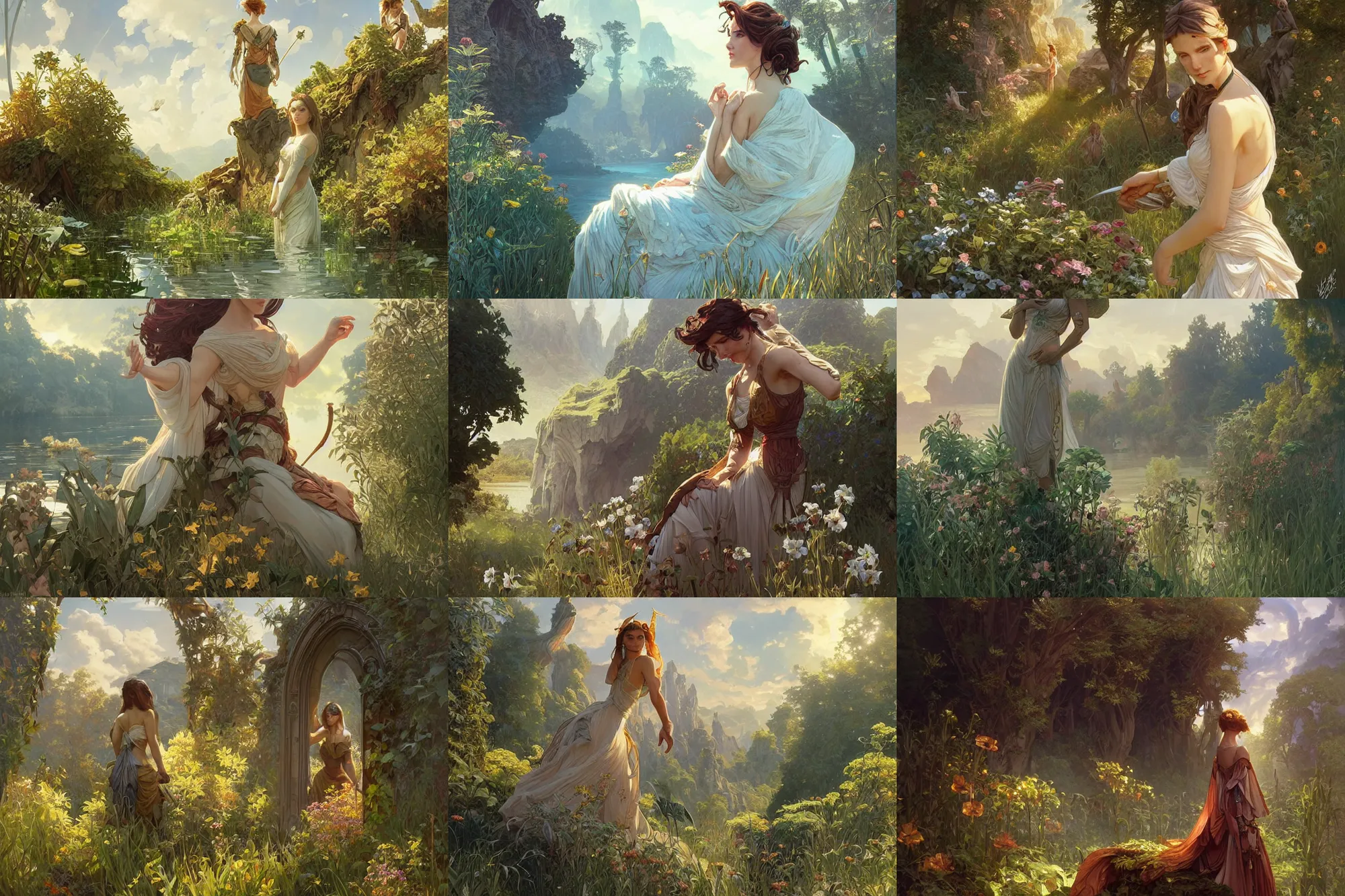 Prompt: summer landscape, intricate, elegant, D&D, fantasy, highly detailed, digital painting, artstation, concept art, sharp focus, illustration, art by artgerm and greg rutkowski and alphonse mucha and raphael lacoste and magali villeneuve