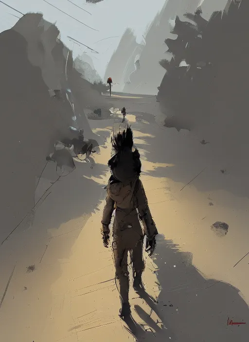 Image similar to digital painting of a person walking on a dirt road by ian mcque, trending on artstation, speedpainting, concept art, digital illustration