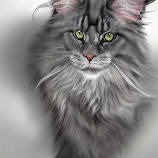 Image similar to a big old menacing dark grey maine coon cat with white belly, white paws and white face markings with long fur and fluffy tail, sitting, intricate, elegant, highly detailed, digital painting, artstation, concept art, matte, sharp focus, illustration, art by Artgerm and Greg Rutkowski and Alphonse Mucha