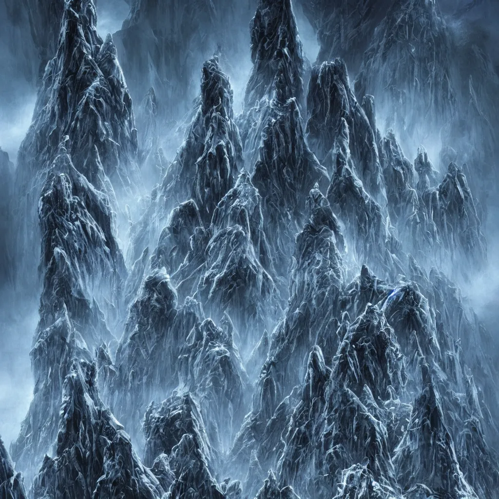 Prompt: haunted mountains of madness in antarctica surrounding an great monolithic city of insane alien towers and blasphemous megastructures, upward cinematic angle, by rodney matthews, michael kaluta, giger, p. craig russell and bill sienkiewicz, ghostly atmosphere, thick lush winter aesthetics, stunning composition, alien creature faces, monstrous animal gods, intricate, strange, elegant, digital art, hyperdetailed, colorful hyperrealism, brilliant photorealism, horror, masterpiece, 4k