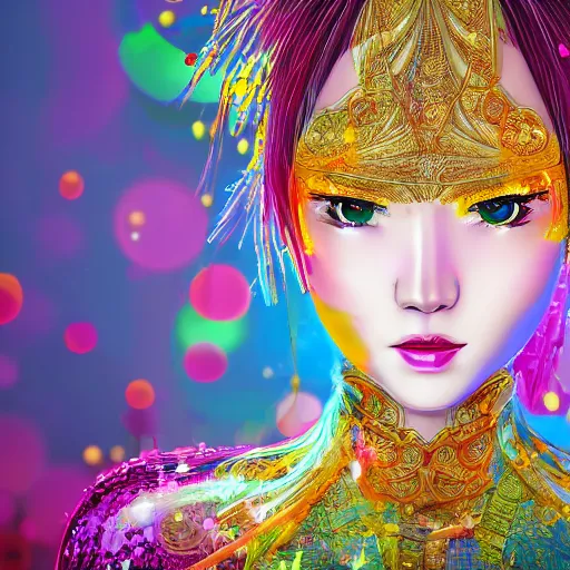 Prompt: japanese lady god, bright colors, fashion model, portrait shot, glitter, depth of field, 8 k, hyper detailed, intricate, trending on artstation