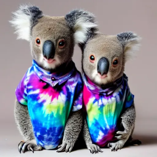 Prompt: two koalas wearing tie dye shirts