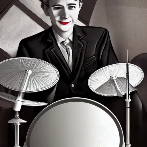 Image similar to 1940's musician playing drums, drumkit, drum sticks in hand, photorealistic art, hd, 8k, intricate details, high definition