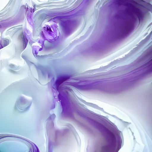 Prompt: 3 d fluid simulation render, octane render, xparticles, white colors, female bodies, white carved abstract sculpture, amethyst mineral quartz, swirly curls, abstract white fluid,