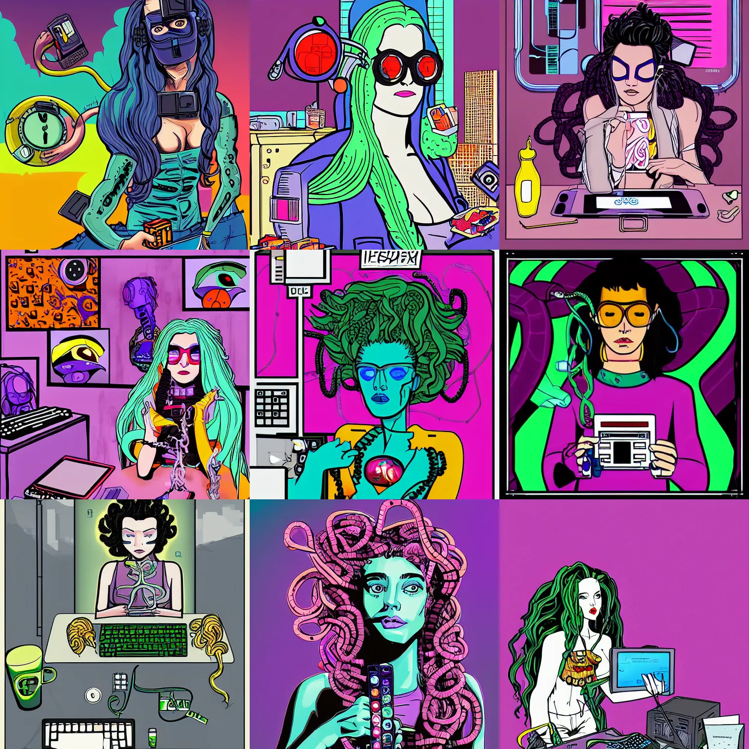 Prompt: medusa is playing with a computer, snacks, cyberpunk, reality, pop art, style by james jeans