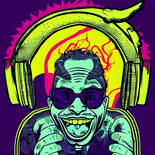 Image similar to artgerm, psychedelic laughing demon, rocking out, headphones dj rave, digital artwork, r. crumb, svg vector