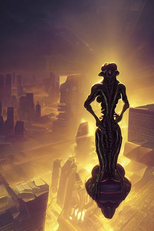 Prompt: Reptilian space alien, standing on the roof of a skyscraper, dramatic backlighting, autochrome, high contrast, highly detailed, sharp focus, digital painting, concept art, illustration, filmpunk , trending on artstation, art by greg rutkowski and greg hildebrandt, composition by alphonse mucha