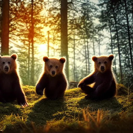 Image similar to a very very beautiful closeup picture of three cute bear cubs with very happy faces sitting inside a tent in the woods, sunset, vivid colors, soft lighting, atmospheric, cinematic, moody, trending on artstation, oil on canvas, 8K