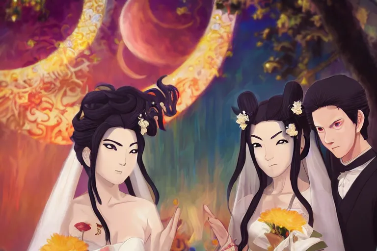 Image similar to a cinematic portrait of wedding photograph jpeg close up moment of a divine a japan sun god and moon goddess lovers magician at a wedding banquet. portraiture. digital painting. artstation. concept art. wedding photo. digital painting. naruto the movie art masterpiece by art by krenz cushart