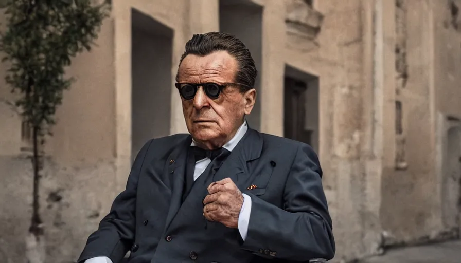 Prompt: hyper-realistic and detailed top-shot of Josip Broz Tito, by Paolo Sorrentino, Leica SL2 30mm, beautiful color, high quality, high textured