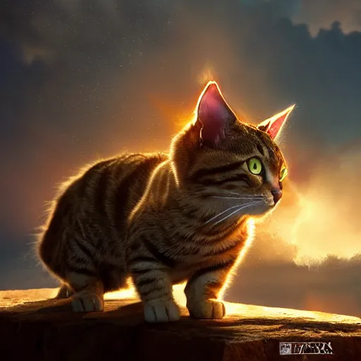 Image similar to tabby cat going super saiyan, golden hour, fantasy, sharp focus, digital art, hyper realistic, 4 k, unreal engine, highly detailed, hd, dramatic lighting by brom, trending on artstation, goku