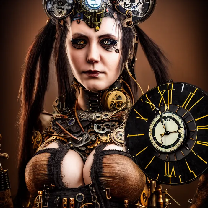 Image similar to full length portrait photograph of a real-life beautiful woman clockpunk warrior. Extremely detailed. 8k