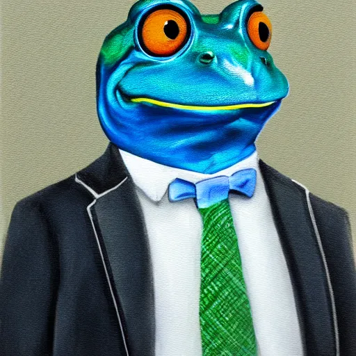 Image similar to a portrait painting of an anthropomorphic blue frog wearing a suit sitting in an office, very detailed, very intricate,