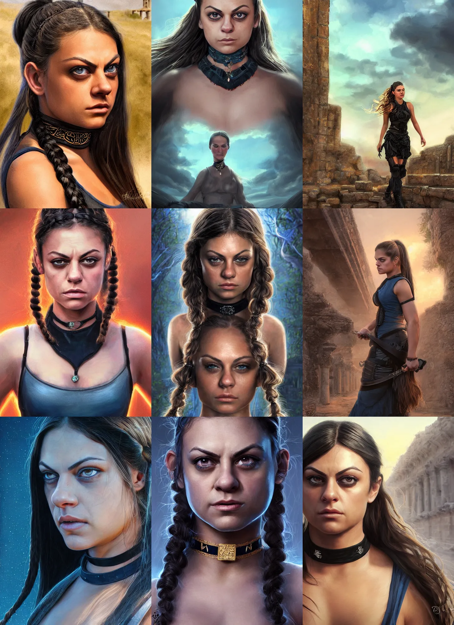 Prompt: portrait of young muscled Mila Kunis with pigtails hair and bright blue eyes looking directly into the camera, wearing black choker, walking out epic ancient ruins, golden hour, intricate, elegant, highly detailed, centered, sharp digital painting, artstation, concept art, smooth, sharp focus, illustration, Allan Lee, John Howe