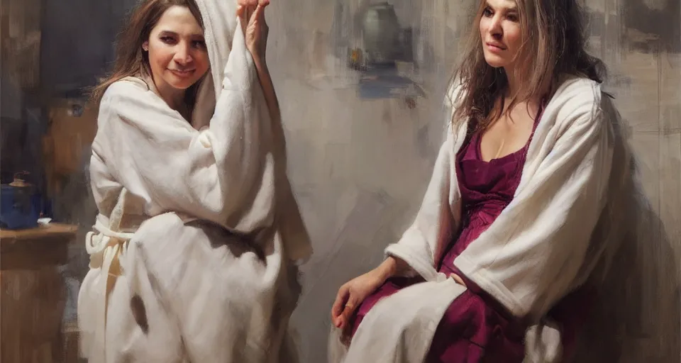 Image similar to woman in a robe holding a, in the background you can see the universe. by Daniel F. Gerhartz, hyperrealistic oil painting, 4k, very detailed faces, studio lightning