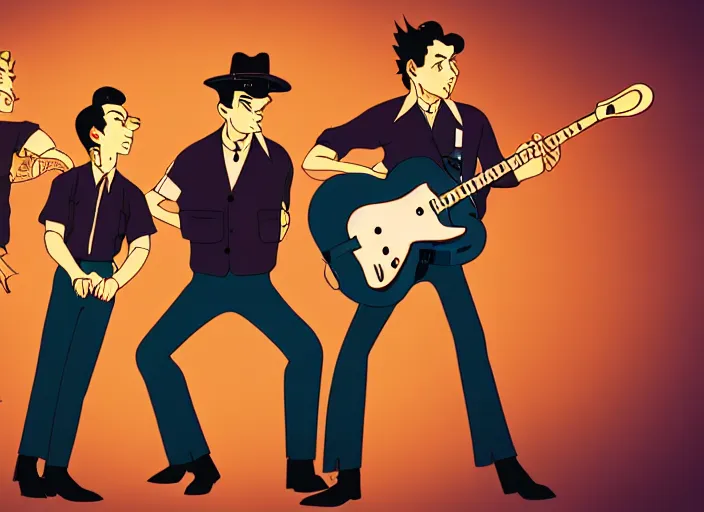 Image similar to rockabilly band 1950s, high detail, golden hour, 8K, by studio ghibli