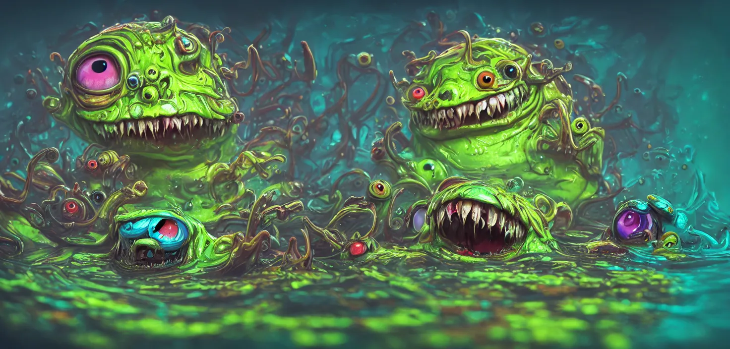 Prompt: intricate colourful murky with strange cute friendly angry crazy creatures with huge eyes long tongue triangle teeth and scary face appearing from the water, in the style of craola, macro lens, shallow depth of field, highly detailed, digital painting, trending artstation, concept art, illustration, cinematic lighting, vibrant colors, photorealism, epic, octane render