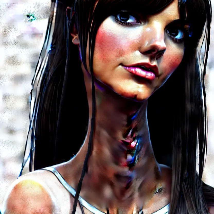 Image similar to full very close up neck shot of a beautiful victoria justice, in tshirt and no makeup, her morbid interests, irish, by saruei and guweiz and ilya kuvshinov and george miller, digital art, highly detailed, intricate, sharp focus, trending on artstation hq, deviantart, pinterest, unreal engine 5, 4 k uhd image