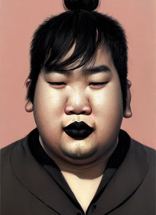 Image similar to portrait of a plump thai man with a crooked nose and a confident expression, 1 9 6 0 s, black clothes, goth, punk, brightly coloured hair, funk, intricate, elegant, highly detailed, digital painting, artstation, concept art, smooth, sharp focus, illustration, art by wlop, mars ravelo and greg rutkowski