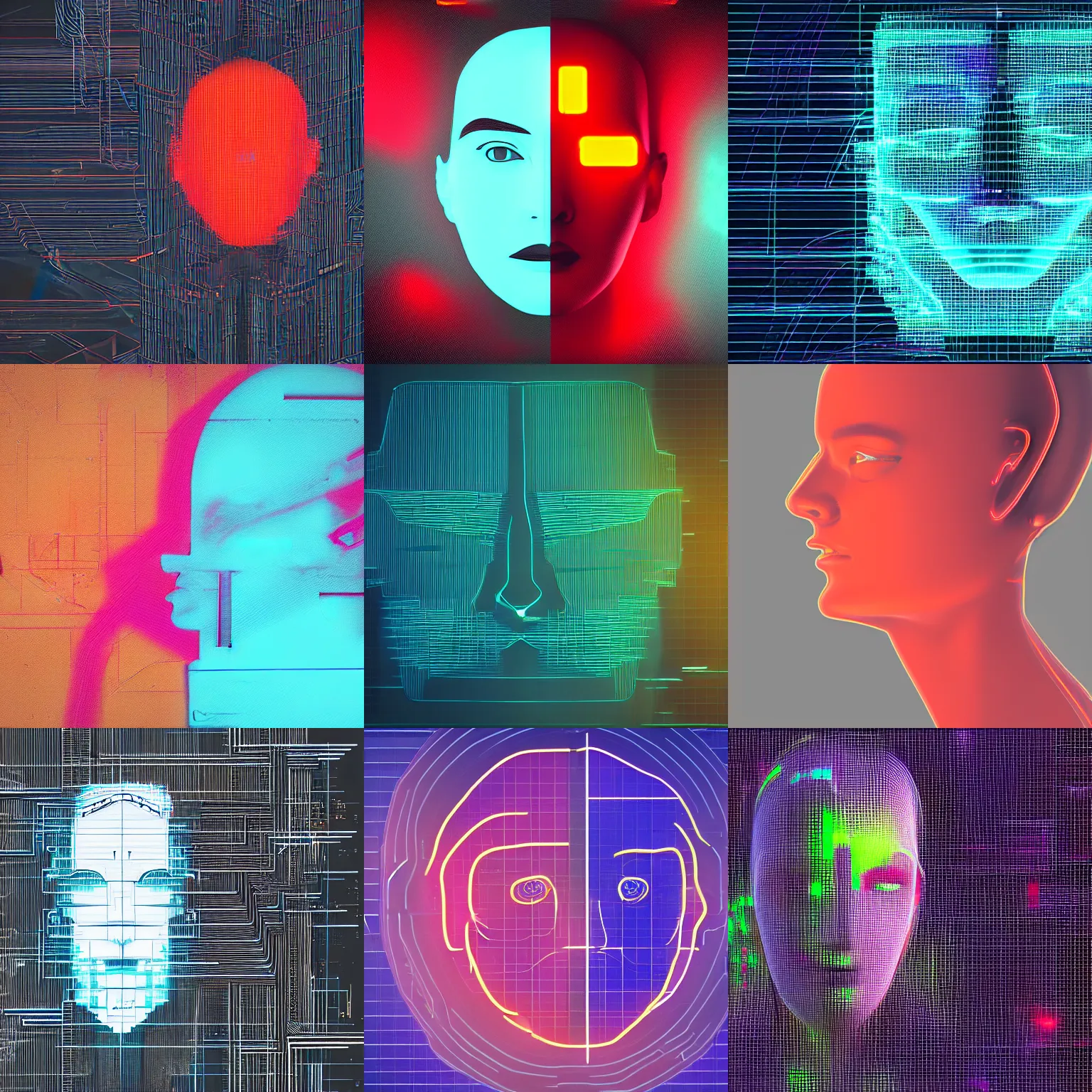 Prompt: minimalistic face contour emerging from a neon heat map of city roads, cyberpunk aerial view concept art.