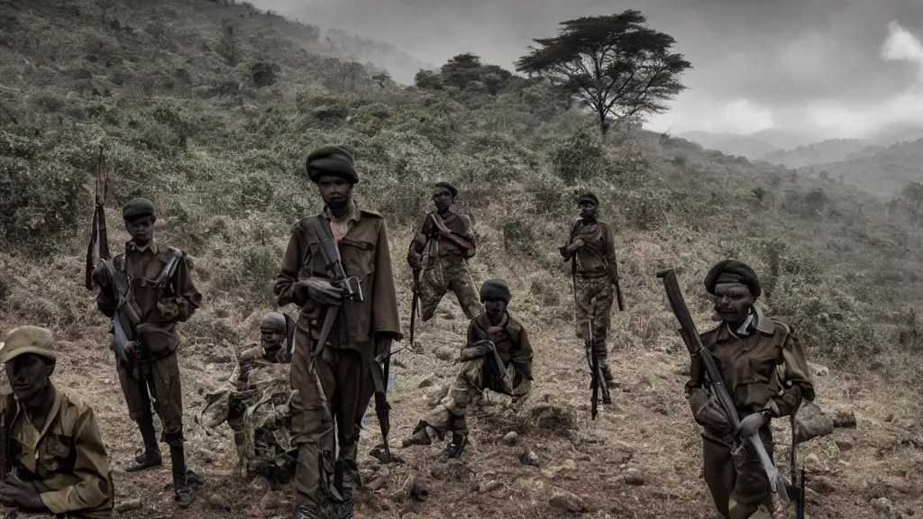 Image similar to Ethiopian civil war and guerilla army in the mountains, moody, dark, movie scene, hd, 4k, wide shot