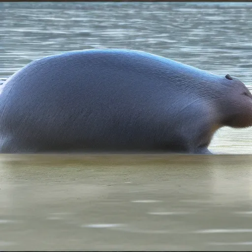 Image similar to capybara and blue whale morphed together, half blue whale half capybara, real photo, highly detailed