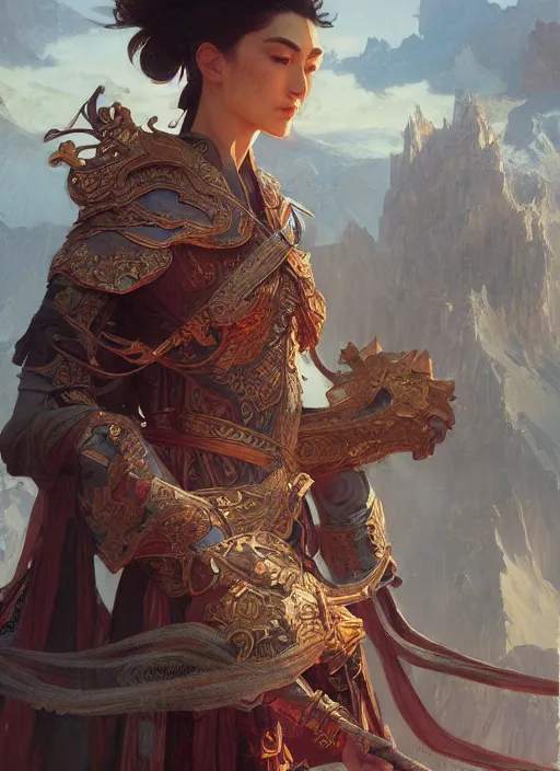 Image similar to xianxia hero, epic, fantasy, orientalist, intricate, elegant, highly detailed, digital painting, artstation, concept art, matte, sharp focus, illustration, art by greg rutkowski and alphonse mucha