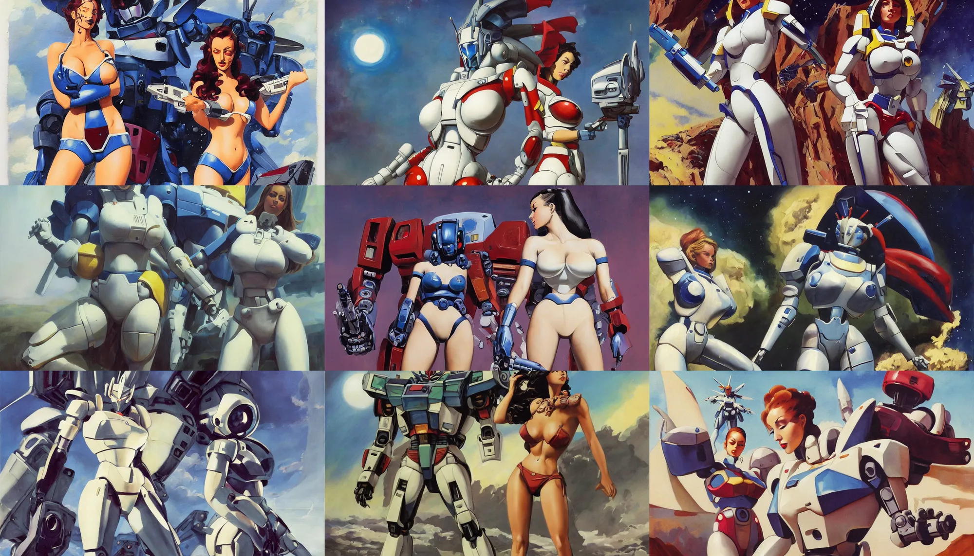 Prompt: A mixed media portrait painting of a beautiful woman an alien planet repairing a gundam, very curvy, aesthetic! high-waisted white-bikini-armor and boots, holding a ray-gun, aesthetic symmetrical face and eyes, model, wet, discarded mechsuit in background, by Frank Frazetta, Boris Vallejo, Beeple, Greg Rutkowski, Christian MacNevin, eighties-pinup style, epic fantasy character art, high fantasy, CGsociety, exquisite detail, post-processing, masterpiece, cinematic