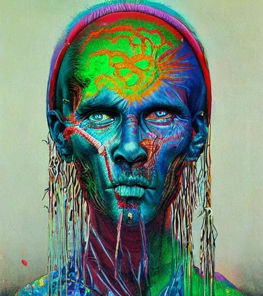 Image similar to Portrait painting in a style of Beksinski mixed with Alex Grey of an old shaman dressed in a colorful traditional clothes. psychodelic