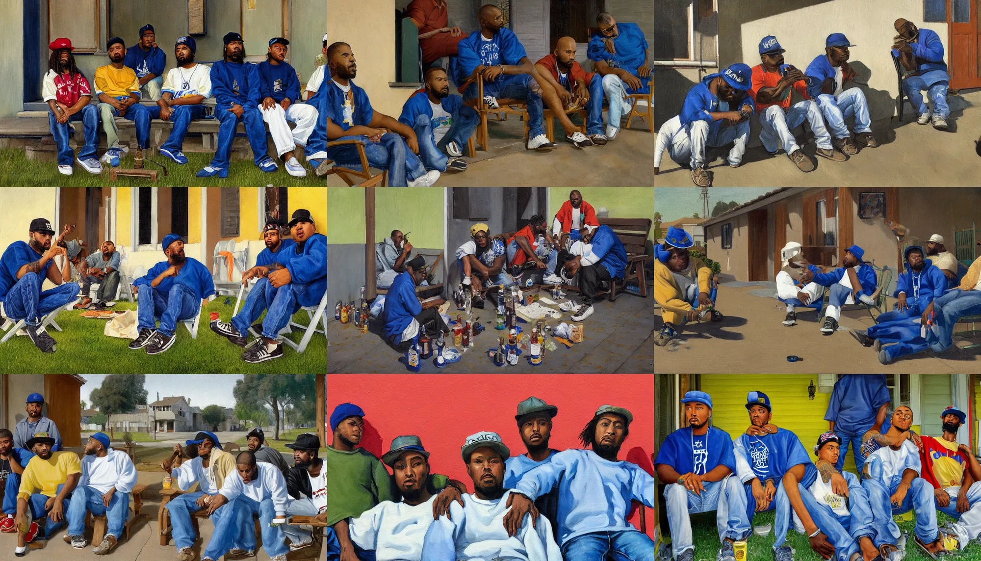 Prompt: a close up painting of los angeles crip gang members. one of them is pouring st. ides malt liquor on the ground. they are sitting in learn chairs on the front porch of a home in compton california, closeup, low angle, green grass, westside, midday, in the style of vermeer