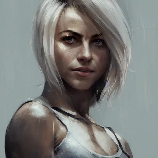 Prompt: portrait of julianne hough by greg rutkowski and wlop, a secret agent, wearing black shorts, wearing black boots, wearing a cropped top, blade runner, highly detailed portrait, digital painting, artstation, concept art, smooth, sharp focus ilustration, artstation, hq