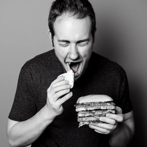 Image similar to a medium shot studio photograph of a man 35 years old eating a sandwich of microphone