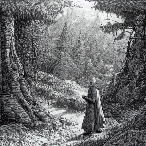 Prompt: Gandalf the grey wandering through Fanal Forest, engraving by gustave dore.